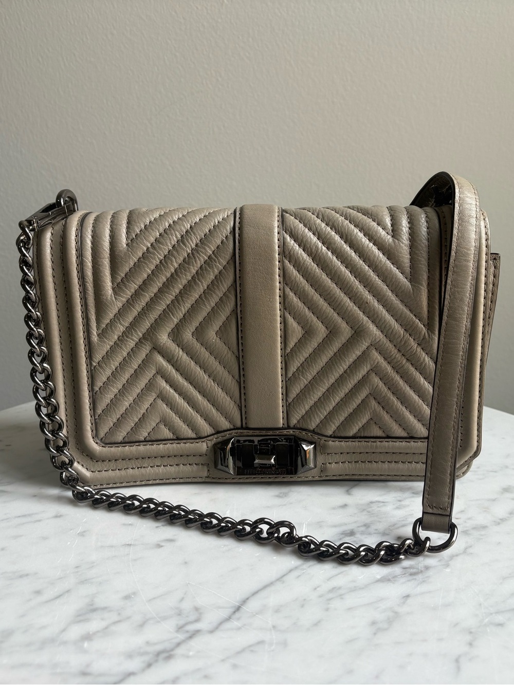 Rebecca Minkoff Geo Quilted Love Crossbody Bag Taupe Leather NWT $295 MSRP